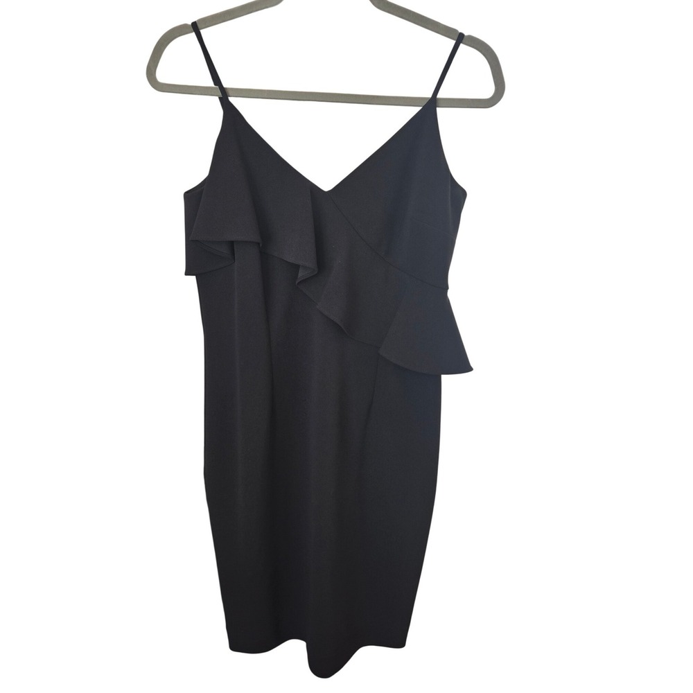 Calvin Klein Black Mini Dress Ruffle V-Neck Spaghetti Strap Cocktail LBD Size 6